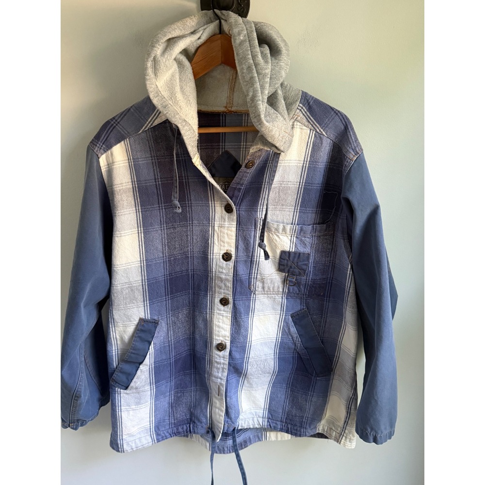 Braetan Blue Plaid Hooded Flannel Jacket Mixed Media Button Up One Size OSFA